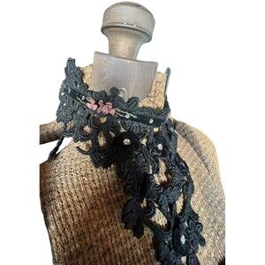 Elsie Massey Vintage Victorian Edwardian Beaded Black Lace Velvet Neck Collar